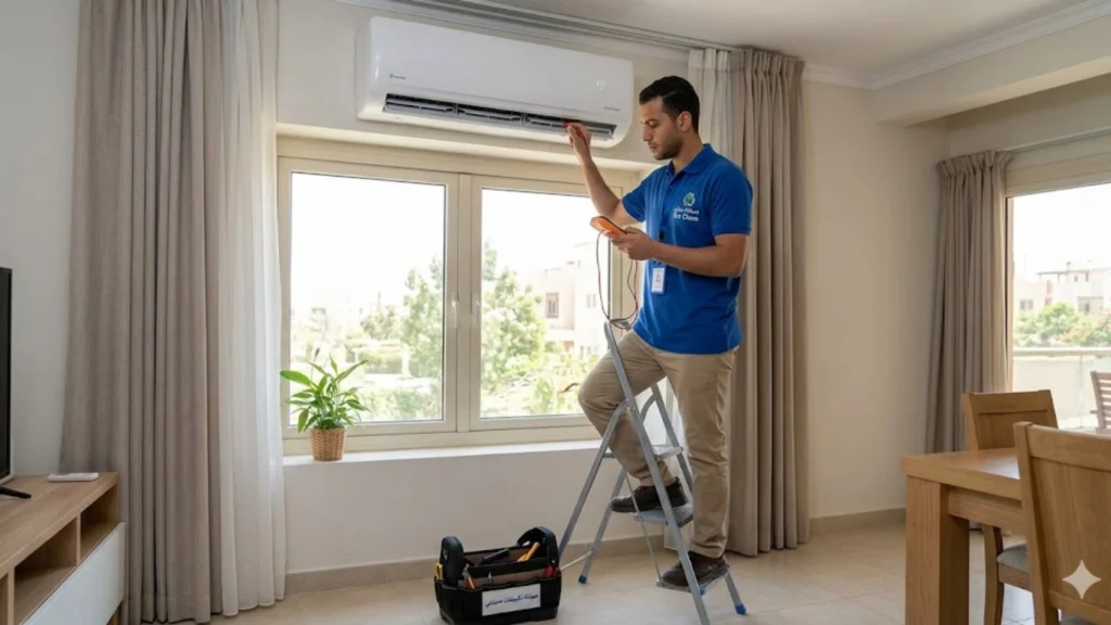 فني صيانة يقوم بفحص جهاز تكييف سبلت في شقة سكنية بمدينتي