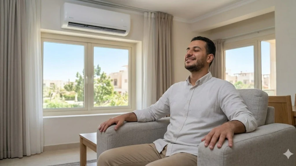رجل يستمتع بهواء التكييف البارد والنقي بعد عملية الصيانة