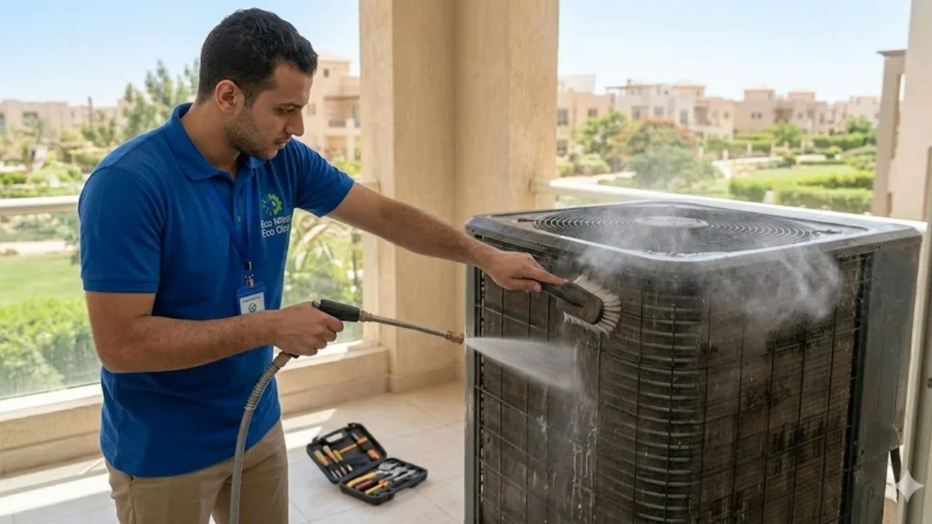 فني يقوم بتنظيف شامل لوحدة تكييف خارجية بمدينتي